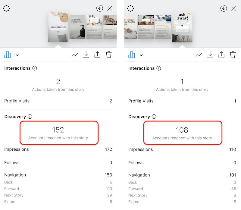 dati della storia di Instagram che mostrano l'ultima diapositiva vs. prima diapositiva