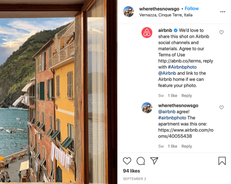 esempio di autorizzazione di ripubblicazione scritta di instagram tra @wherethesnowsgo e @airbnb con airbnb che chiede di condividere il foto e informazioni su come fornire l'approvazione e la risposta di @wherethesnowsgo che autorizza la ricondivisione del immagine