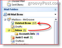 Schermata di Outlook 2007 che spiega che gli elementi eliminati vengono spostati nella cartella degli elementi eliminati