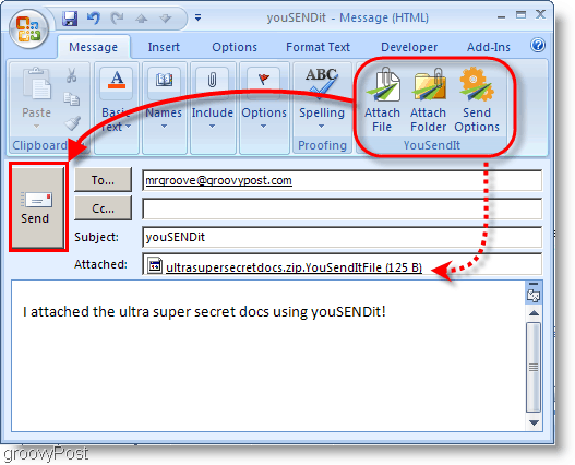 Pulsanti YouSendIt sulla barra multifunzione di Outlook 2007