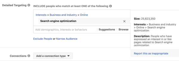 Esempio di targeting standard di Facebook per l'interesse Ottimizzazione per i motori di ricerca che ha come risultato un pubblico troppo ampio, a 25 milioni.