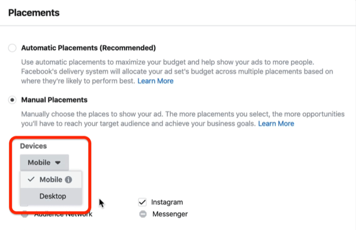 Opzione mobile selezionata nel menu a discesa Dispositivi nella sezione Posizionamenti in Facebook Ads Manager
