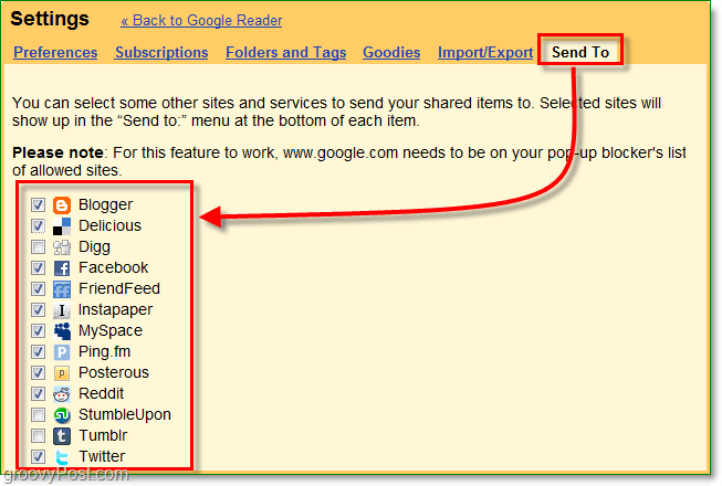 utilizza la scheda Invia a in Google Reader per selezionare quali siti compaiono nell'elenco Invia a