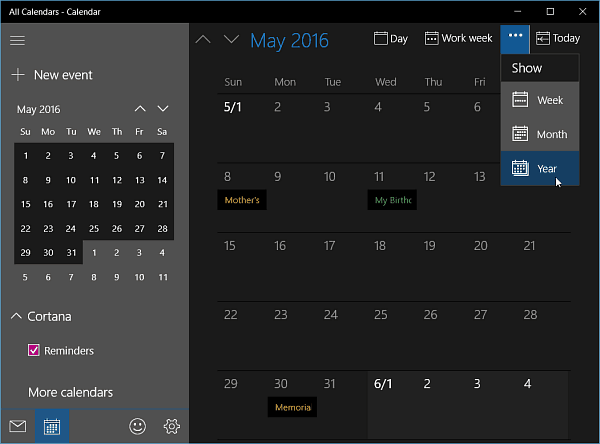 App Calendario per Windows 10 Insider Build 11099 Ottiene la vista annuale