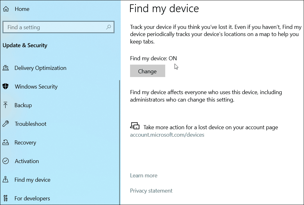 Trova il mio dispositivo Windows 10