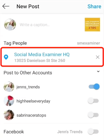nuova opzione di post di Instagram che mostra una posizione selezionata per il tagging