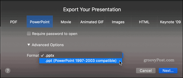 Esportazione di una presentazione Keynote come file PPT