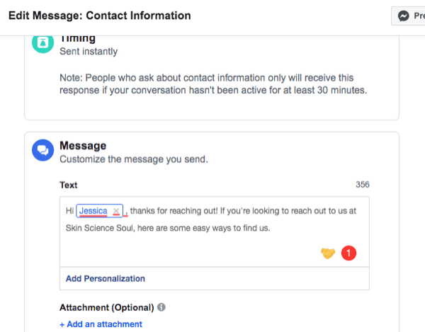 screenshot dell'interfaccia di configurazione per la risposta automatica delle informazioni di contatto di Facebook Messenger