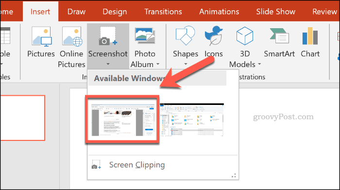 Scelta di una finestra di screenshot in PowerPoint