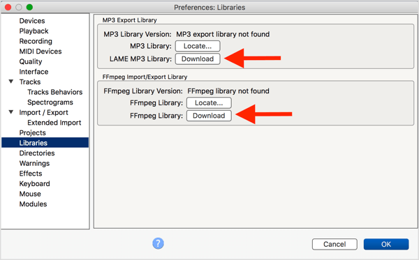 Installa l'encoder LAME MP3 opzionale e la libreria FFmpeg con Audacity.