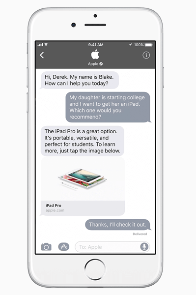 Apple ha introdotto Business Chat, un nuovo modo potente per le aziende di connettersi con i clienti all'interno di iMessage.