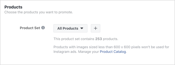 Fai clic sul segno + nella sezione Prodotti a livello di annuncio della tua campagna Facebook.