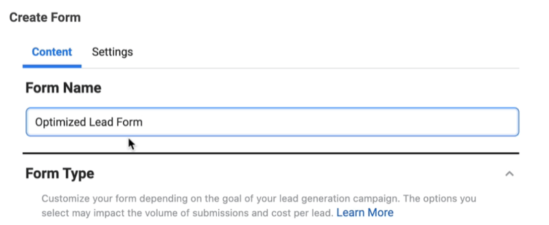 Gli annunci lead di Facebook creano una nuova opzione di modulo per i lead per assegnare un nome al modulo e selezionare il tipo di modulo