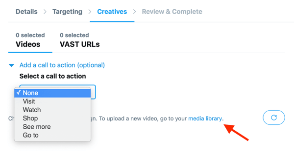 Opzioni per impostare un invito all'azione per il tuo video ospitato su Twitter per il tuo annuncio Twitter Visualizzazioni video in-stream (pre-roll).
