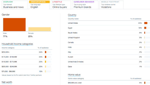 esempio di informazioni sulla scheda dati demografici del pubblico di Twitter