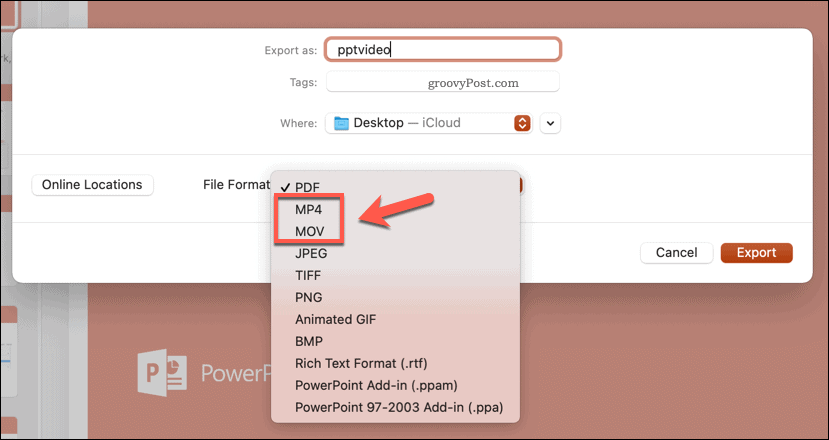 Selezione del formato del file di esportazione in PowerPoint su Mac