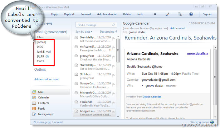 client di posta elettronica per Windows Live Mail, le etichette di Gmail vengono convertite in cartelle in Windows Live Mail