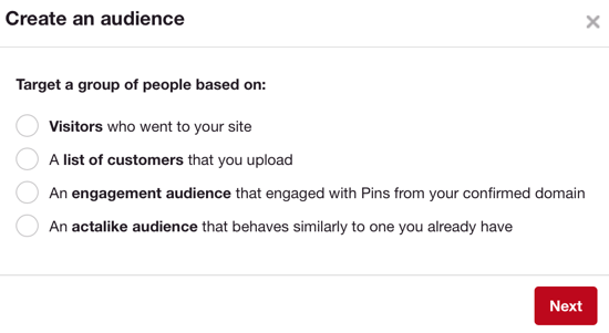 Il pubblico di Pinterest funziona in modo simile al pubblico personalizzato di Facebook.