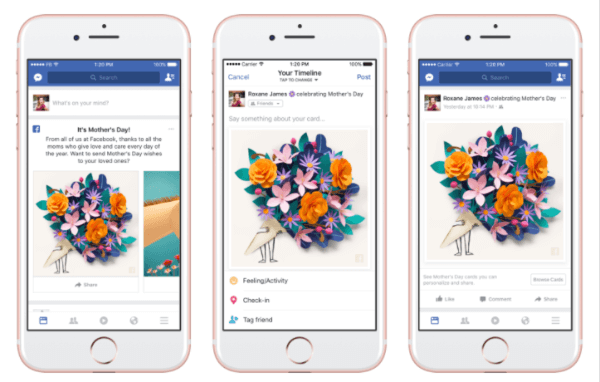 Facebook ha distribuito cartoline personalizzate, maschere e cornici a tema nella fotocamera di Facebook e una reazione temporanea di "gratitudine" in onore della festa della mamma.