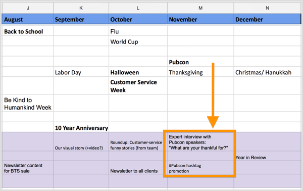 esempio di calendario dei contenuti