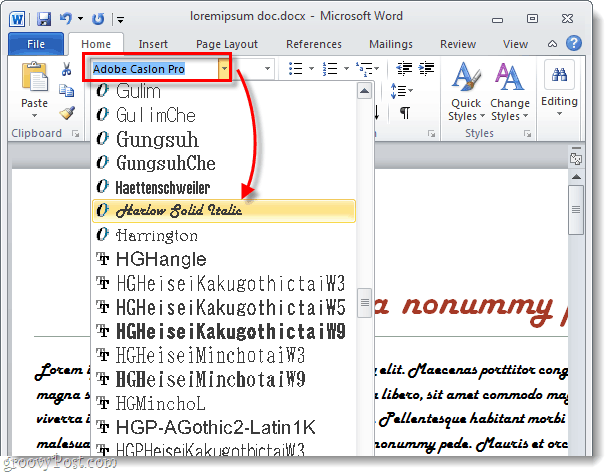 seleziona un carattere in word 2010