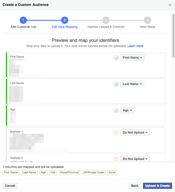 Assicurati che i campi rilevati da Facebook nel tuo file CSV siano mappati correttamente alle categorie che Facebook comprende.