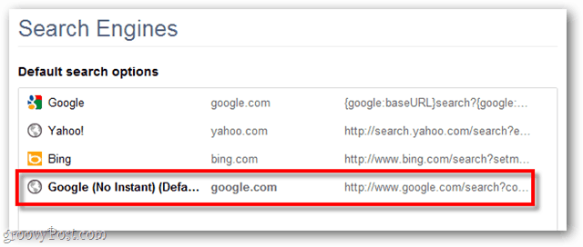Opzioni di ricerca predefinite di Google Chrome