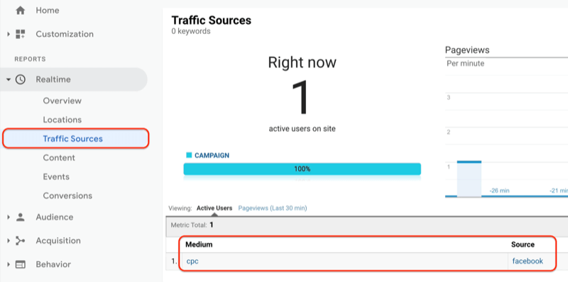 il menu di Google Analytics che mostra il rapporto sulle sorgenti di traffico in tempo reale e il rapporto sulle sorgenti di traffico che mostra l'URL appena creato viene visualizzato e registrato in Google Analytics