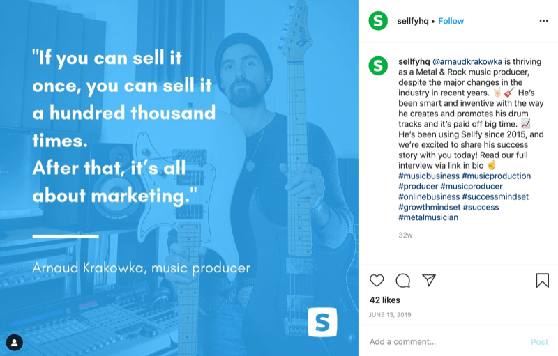 grafico della citazione del cliente dall'account Instagram di Sellfy