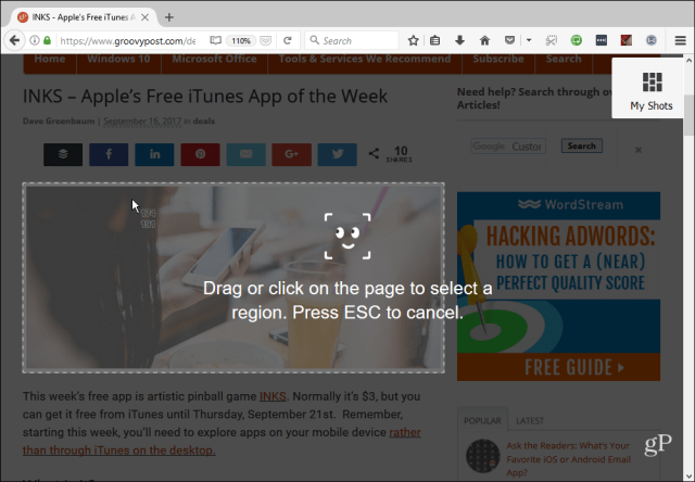 Strumento Screenshot di Firefox