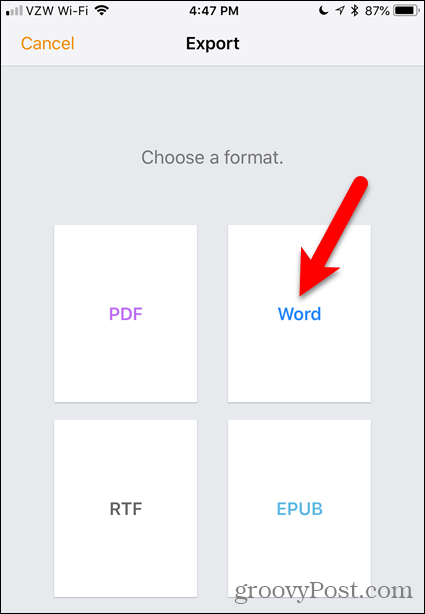 Tocca Word in Pages per iOS