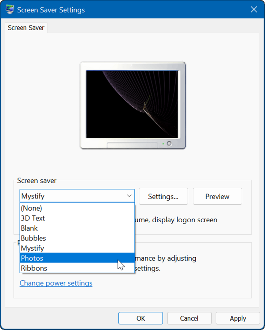 le impostazioni dello screen saver impostano le foto come screen saver su Windows