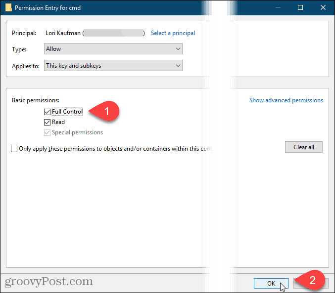 Controllare Controllo completo e fare clic su OK nella finestra di dialogo Voce autorizzazione nel registro di Windows