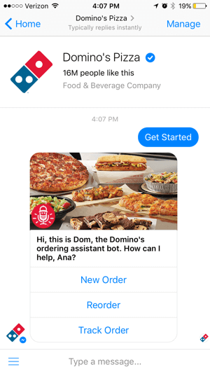 Il chatbot di Domino rende facile per i clienti tracciare il loro ordine. Questo può ridurre le chiamate al negozio.
