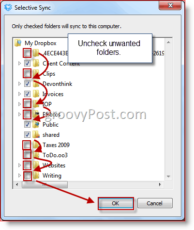 Selezione cartella Dropbox di sincronizzazione selettiva di Windows