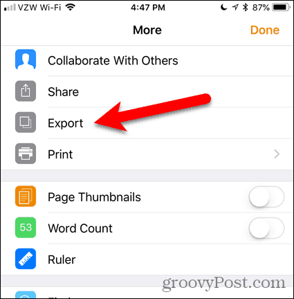 Tocca Esporta in Pages per iOS