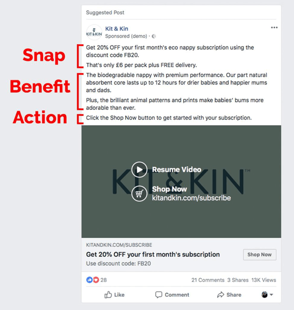 Esempio di metodo di copia SBS dell'annuncio di Facebook