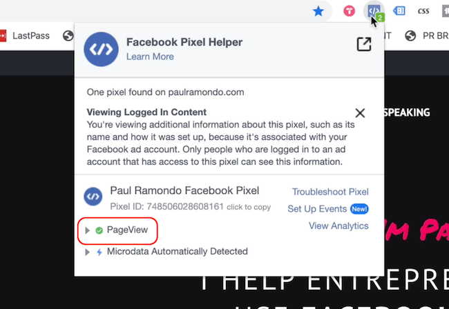 Facebook Pixel Helper che mostra l'evento di visualizzazione della pagina