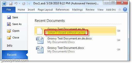 aprire un documento non salvato di recente in Office 2010