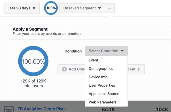 Opzioni delle condizioni per i tuoi segmenti nei gruppi di origini eventi di Facebook Analytics.