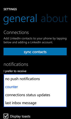 collegato in app per le opzioni di notifica di Windows Phone