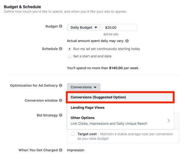 Suggerimenti per ridurre i costi degli annunci di Facebook, opzione per ottimizzare la pubblicazione degli annunci per le conversioni