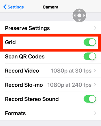 Come migliorare le foto di Instagram, passaggio 2a, attivare l'impostazione delle linee della griglia della fotocamera