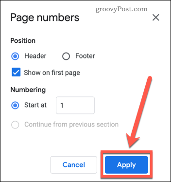 Applicazione di numeri di pagina a un documento di Google Documenti