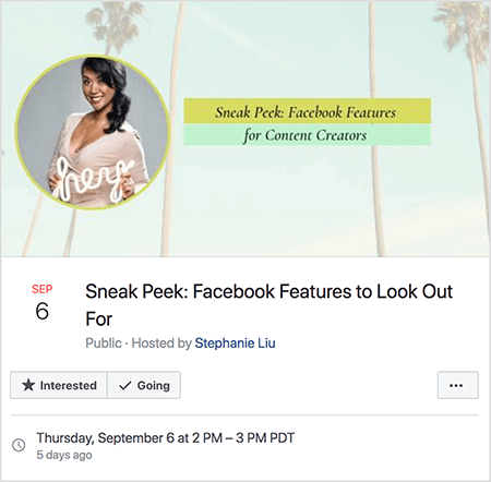 Questo è uno screenshot di un evento Facebook per il video in diretta di Stephanie Liu il 6 settembre. L
