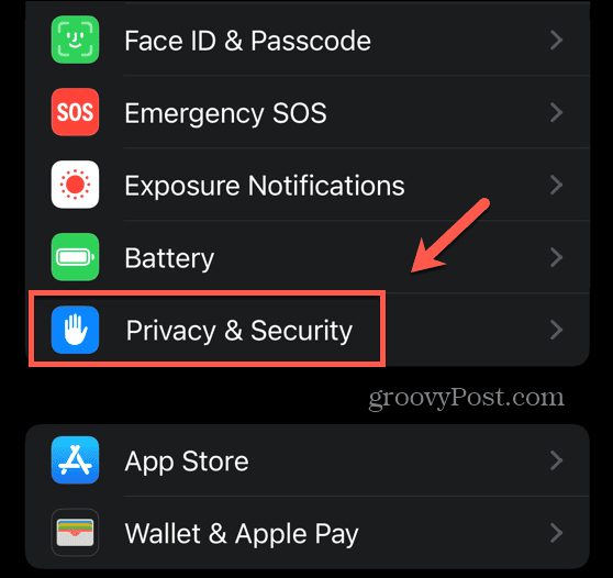 menu di privacy e sicurezza di iOS