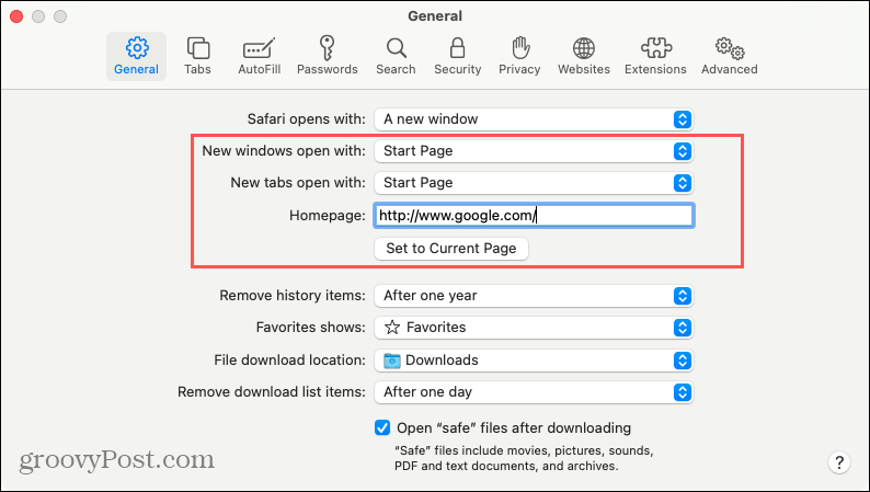 Impostazioni per aprire nuove schede o Windows in Safari