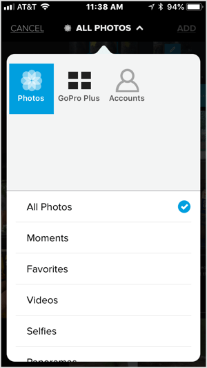 Tocca l'icona + e seleziona un video o cinque o più immagini da importare in Quik.