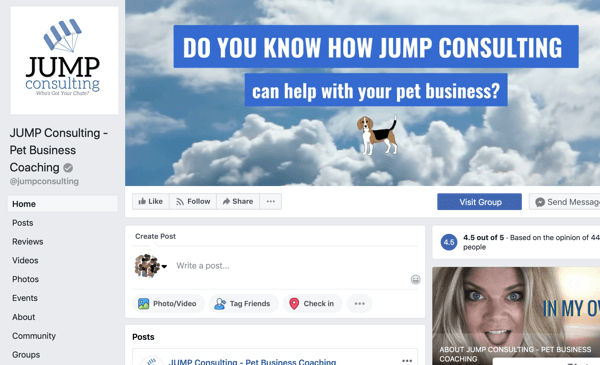 Come utilizzare le funzionalità dei gruppi di Facebook, esempio di pagina Facebook per JUMP Consulting