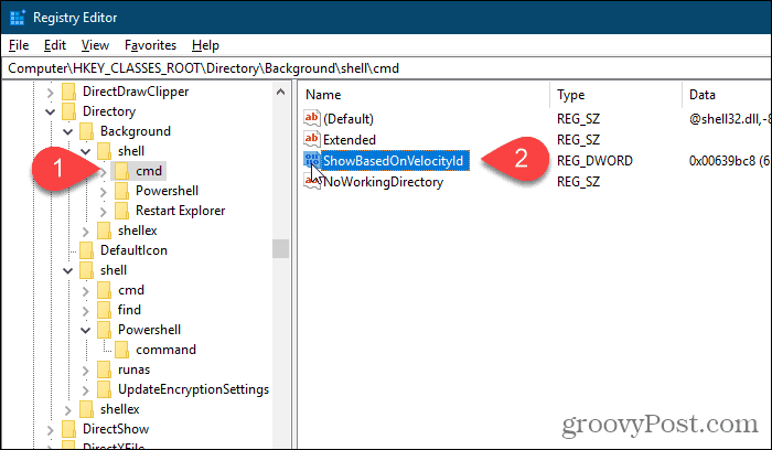Rinomina il valore di sfondo cmd HideBasedOnVelocityId nell'editor del registro di Windows